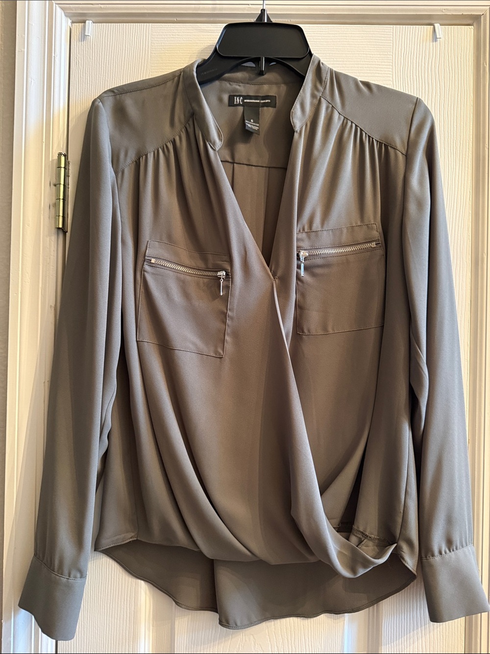 INC International Concepts Olove Green Draped Surplice Blouse with Zip Pockets